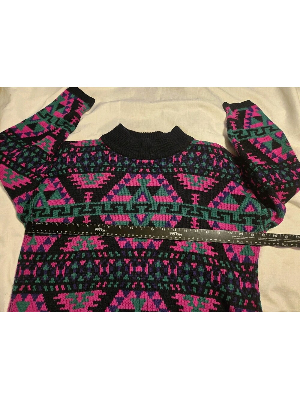 Vintage 90s Jamie Scott Geometric Pattern Knit Sweater Pink Green Acrylic S 80s - Picture 6 of 7